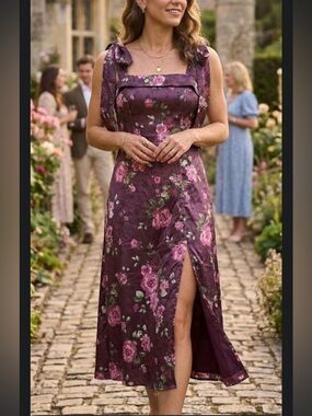 ROWA Floral Satin Tie Strap Midi Dress Purple Pink L NWT